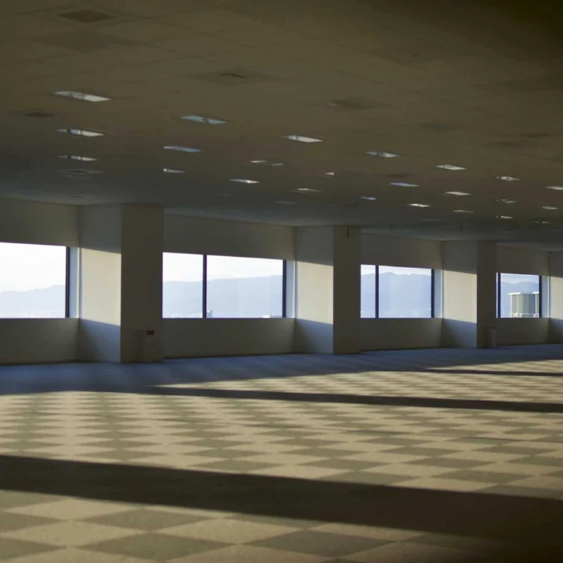 Empty carpeted office space with six windows
