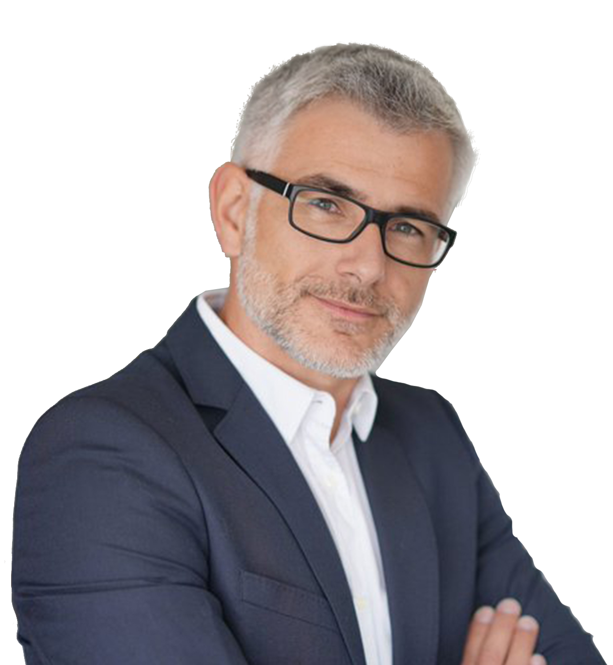 Portrait of a man in a blue suit wearing glasses.