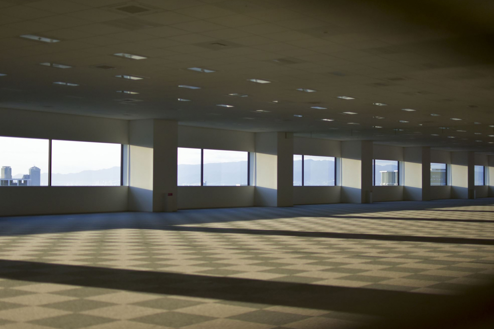 Empty carpeted office space with six windows